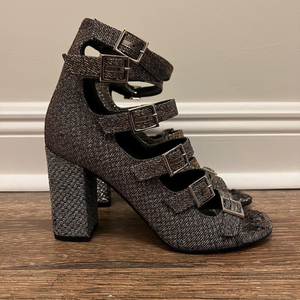 Saint Laurent Buckle Chunky Sandal Heel Silver/Gold Sparkle Material